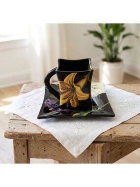 Square Cup & Saucer Floral Black Pacific Rim 90s Vintage Handpainted